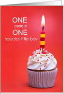 First Birthday Boy Cupcake with Candle on Red card