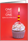 First Birthday Boy Cupcake with Candle on Red card