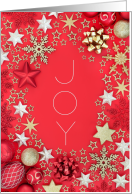 JOY Text on Red with Bows Stars and Snowflakes card