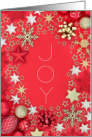 JOY Text on Red with Bows Stars and Snowflakes card