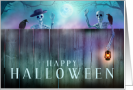 Halloween Skeleton Pair Wave over a Fence card