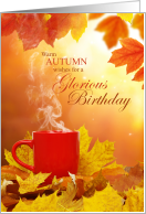 Autumn Birthday Warm Fall Colors and Steaming Mug card