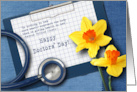 Happy Doctors’ Day. Stethoscope and Spring Daffodils card