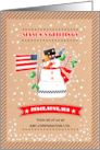 Season’s Greetings Snowman with USA Flag Custom Name card