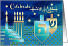 Hanukkah Celebration Invitation. Menorah & Dreidels Design card