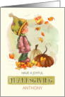 Happy Thanksgiving Little Boy Butterfly and Pumpkins Custom Name card