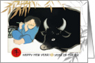 Happy Chinese New Year of the Ox Kid and Ox painting card