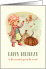 Happy Birthday to a Sweet Girl Little Girl and Squirrel Fall Scene card