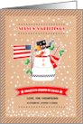 Season’s Greetings Fun Snowman with USA flag Custom Name card