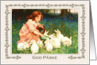 Happy Easter in Danish - Little Girl feeding the rabbits painting card