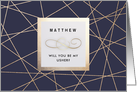 Will you be my Usher? Navy Blue Elegant Geometric Pattern design card