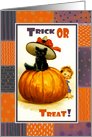 Halloween.Trick or Treat! Vintage Kid with Black Cat and Pumpkin card