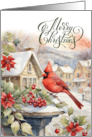 Merry Christmas Snowy Village and Red Cardinal Painting card
