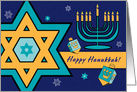 Happy Hanukkah. Star of David with Menorah and Dreidels card
