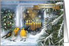 Happy Hanukkah. Snow Window with Menorah Candles and Birds card