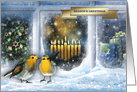 Season’s Greetings. Hanukkah card with Snow Window Scene Interfaith card