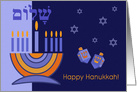 Happy Hanukkah. Menorah, Dreidels and Star of David card