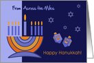 Happy Hanukkah from Across the Miles. Menorah and Dreidels card