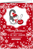 Merry Christmas for Grandson. Cute Kitty with Christmas Bauble card