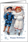Happy Holidays. Vintage Winter Scene with Skating Kids card