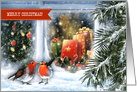 Merry Christmas. Snow Window Scene with Red Robins card
