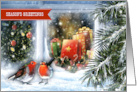 Season’s Greetings. Snow Window Scene with Red Robins card