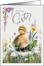 Happy Easter Cute Little Duckling and Spring Flowers Painting card