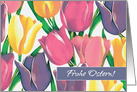 Frohe Ostern. Easter Card in German. Spring Tulips card