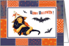 Happy Halloween Vintage Little Witch Black Cat and Bats card