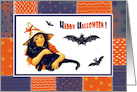 Halloween Costume Party Invitation. Vintage Girl with Black Cat and Bats card