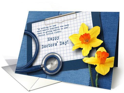Happy Doctors' Day. Stethoscope and Spring Daffodils card (1049651)