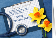 Happy Doctors’ Day. Stethoscope and Spring Daffodils card