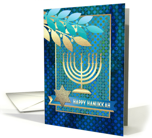 Happy Hanukkah. Menorah, Olive Branches and Star of David card