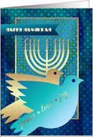 Happy Hanukkah from Our Home to Yours. Menorah and Dove of Peace card