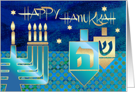 Happy Hanukkah. Menorah and Dreidels card