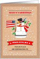 Season’s Greetings Snowman with USA Flag Custom Name card