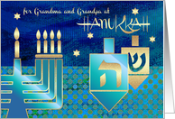 Happy Hanukkah for Grandparents. Menorah and Dreidels card