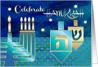 Hanukkah Celebration Invitation. Menorah & Dreidels Design card