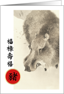 Happy Chinese Year of the Pig in Chinese. Wild Boar Painting card