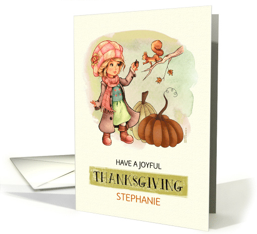 Happy Thanksgiving Little Girl and Squirrel Design Custom Name card