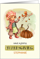 Happy Thanksgiving Little Girl and Squirrel Design Custom Name card