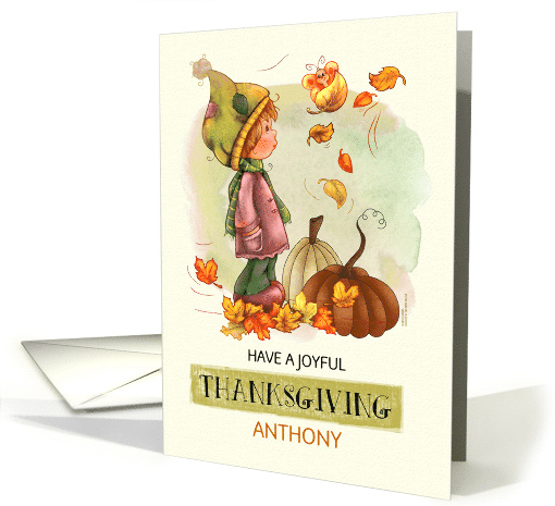 Happy Thanksgiving Little Boy Butterfly and Pumpkins Custom Name card