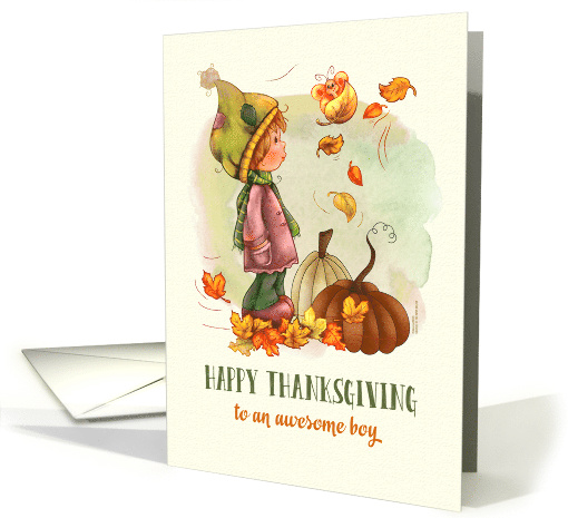 Happy Thanksgiving to a Boy Little Boy Butterfly and Pumpkins card
