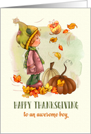 Happy Thanksgiving to a Boy Little Boy Butterfly and Pumpkins card