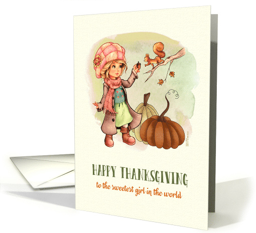 Happy Thanksgiving to a Sweet Girl Little Girl and Squirrel card