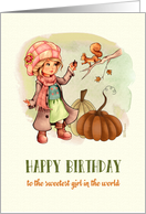 Happy Thanksgiving Birthday to a Sweet Girl Little Girl and Squirrel card