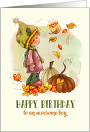 Happy Birthday to a Boy Little Boy Butterfly and Pumpkin Autumn Scene card