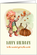 Happy Birthday to a Sweet Girl Little Girl and Squirrel Fall Scene card