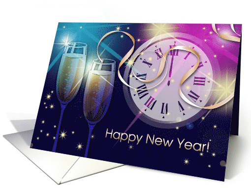 Happy New Year Champagne Coupe Glasses and Countdown Clock card