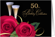 50th Birthday Party Invitation. Red Roses and Champagne Cups card